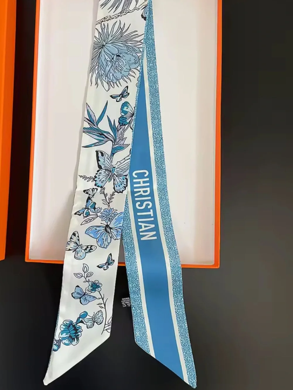 Blue Floral Silk Hair Twilly with 'Christian' Script
